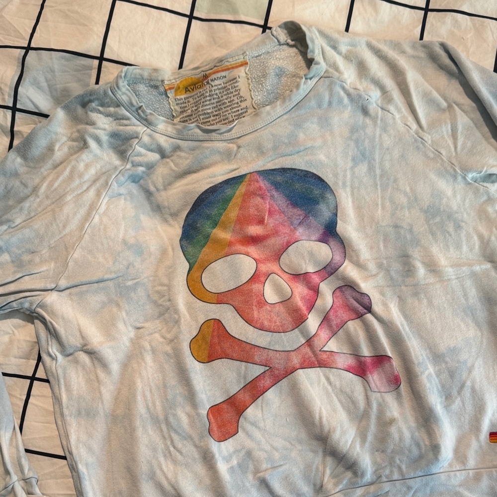 Aviator Nation Light Blue Rainbow Skull  Sweatshirt- fair condition